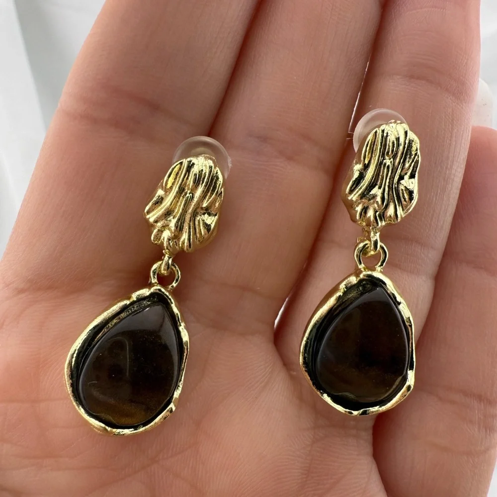 Brown Teardrop Gem Earrings –Gold Textured Statement Dangles, Retro Chic Jewelry - Picture 6 of 8